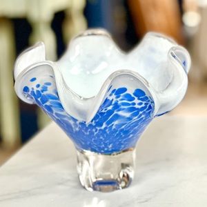 Vintage Blue and White Royal Gallery of Poland Hand Blown Glass Bowl